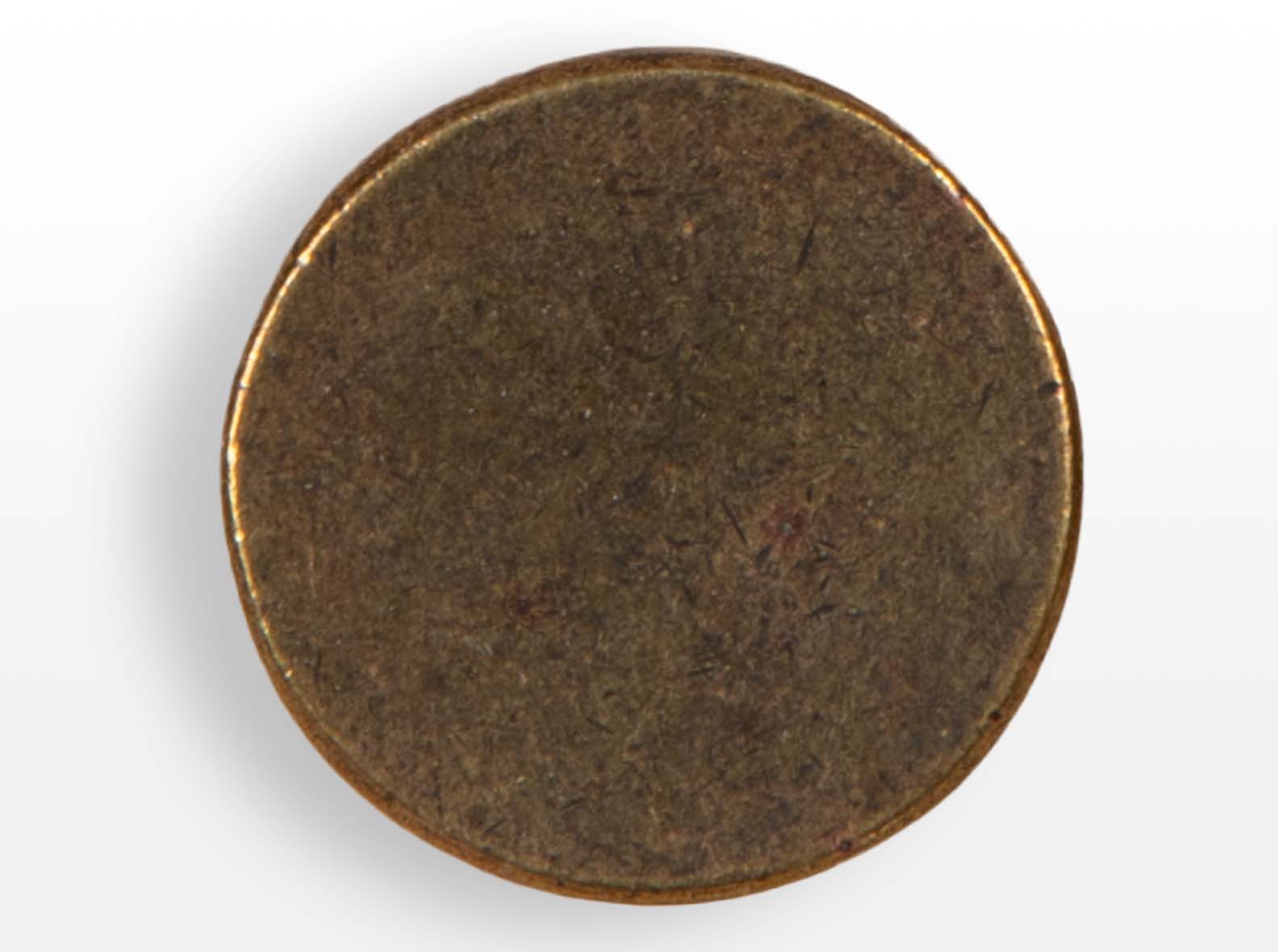 Antique brass-finished closure button for hinged wooden wine gift boxes.