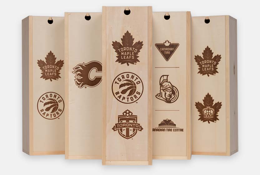 Sports team logo hot-stamp branded onto a wine box